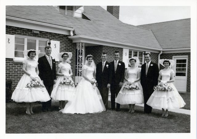 1954-June-14-L to R Kathleen Pulskamp, Walt Uhlenhake, Rosann Spitzer, Janet Willke (bride), Andrew Niekamp (groom), Jim Niekamp, Marilyn Schwieterman, Bill Willke, Phyllis Miller.jpg