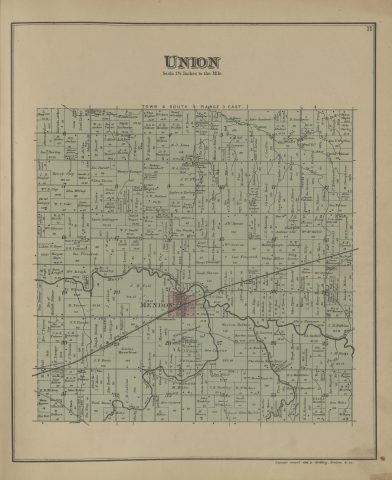 Union Township

The following text was found on this image:
Union,Mercer County,Ohio,Town 4 South,Range 3 East,Mendon,Saint Mary's River,Twelve Mile Creek,Eight Mile Ditch,Kyle Prairie Joint Ditch,T. C. & St. L. R. R,Church of God,Grange Hall,M. E. Church,L. Wiggins,Alonzo Archer,Lucinda Archer,Jacob Lackey,John H. Archer,J. F. Tomlinson,Elijah Tomlinson,Thos. Hughes,Wm. Jones,Nancy Priddy,S. A. Priddy,O. E. Hendley,O. & E. Fellner,A. W. Brown,W. A. Archer,Jos. A. Crane,J. Allen,L. E. Fox,Wm. Bolton,E. J. Jones,D. P. Protsman,W. P. Marbaugh,L. H. Wollam,Jos. Boroff,J. A. Boroff,J. A. Martin,Jac. Boroff,Henry Lampy,Joshua Brinkenhoff,W. O. Norris,J. R. Frerer,Henry Clay,John McClay,Wm. P. Clay,J. B. Tingley,Sarah A. Miller,Thos. Yocum,Justin Allen,Lewis Ballinger,W. C. Cole,Christ Lampey,Jos. Drake,J. W. Dutton,Tegler & Barlow,R. E. Cooper,Daniel Vesper,M. J. Rice,Geo. Adams,Geo. Rauch,Robt. F. Protsman,D. H. Protsman,Laban P. Hays,Morgan Hays,Geo. Fireoved,Jesse Krugh,Wm. Krugh,J. H. Krugh,C. Wilson,M. Yocum,J. E. Yocum,J. H. Coil,C. Maurer,Jos. Palmer,E. & T. Palmer,John Halter,Joseph Stump,Saml. Winger,Lucius Hamilton,Ephraim Partner,J. F. Hasis,John Roether,B. Collins,J. M. Protzman,J. Jamison,H. Lamppy,B. H. Coil,E. B. McKaig,Mary Hauxer,W. Zelhart,Jac. Yast,J. D. Webb,Jos. Toms,Paul Stoner,T. M. Kelly,John Custer,M. Miller,J. P. Patterson,J. W. Presho,William Diegel,T. C. Ross,John G. Redell,John G. Rehm,John Goodwin,Joshua Goodwin,B. Goodwin,J. D. Stalter,John J. Price,Isaac Slentz,Robt. Davis,Geo. F. Griffin,C. C. Griffin,Cath. G. Evans,R. Severns,Jacob Rhodes,Jos. Clow,David Wyant,Joshua Price,Mary Hattery,Thos. Hickenell,J. P. Hickenell,M. Denniston,Daniel Davis,Chris. Winger,Maria A. Nelson,Jos. Severns,Jas. Nelson,Alvina Nelson,Wm. M. Mitzkel,Andrew Coil,J. E. Nelson,A. M. Pettersine,J. H. Manning,Alf. Spicer,Jacob Oliver,Lewis Fryer,Jas. Yocum,Wm. Severns,Levi Raddabaugh,W. W. Anderson,John Kelly,Scott Hays,H. M. Parrott,G. G. Parrott,B. F. Townsend,Philip Miller,Levi Fireoved,Eliza Leaser,Jacob Sherer,H. C. Ross,Alfred Hays,John Edge,M. O. Nichols,C. Hussey,H. M. Ross,John Upton,L. A. Upton,M. Hussey,Daniel Miller,Wm. Paricher,Henry Hussey,I. B. Robbins,Alex Partner,Ed. Gaskill,Eliz. Gaskill,Warren Barber,Martha Cisco,E. Severns,J. A. Murlin,Hugh Hamilton,Charlotte Hamilton,Geo. Custar,Geo. Miller,S. H. Markley,B. F. Hedges,John Kinkley,H. I. Hamilton,Wm. Hamilton Jr,W. W. Murlin,Silas Nolan,Geo. Wells,N. A. Cawalt,Jason Murlin,John Murlin,"Griffing, Gordon & Co"