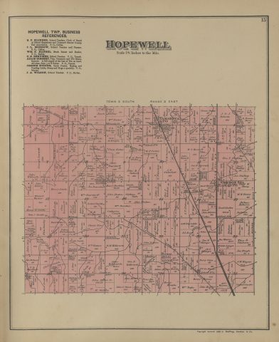 Hopewell Township

The following text was found on this image:
Hopewell,Mercer County,Ohio,Town 5 South,Range 2 East,Tamah Sta. & P.O,Oregon Sta,Earley P.O,Mercer,Celina,Little Black Creek,Twelve Mile Ditch,Schlenker Run,Henskee Ditch,Maurer Pike,Rietz Pike,B. F. Klinger,J. L. Morrow,Wm. S. Hansel,C. S. Behymer,Adam Siebert,Joseph Nuding,J. A. Wilson,H. Ullenhake,Abby Harmon,Moses McCristy,Daniel Bruble,Sarah Rauch,Wm. Shambaugh,Jacob Eichar,Wm. Eichar,J. H. Dysert,Griffin Pond,T. B. Behymer,Sarah B. Langsdon,Chas. Wright,M. Wright,Mary E. Henkel,John A. Henkel,Wm. Buck,Cyrus Buck,Phebe Rutledge,Flora Eichar,F. W. & Dora Dicke,John Lehman,John Bender,W. Groves,Chas. Pearstorff Jr,John H. Siebert,Wm. Pearstorff,Jos. Pearstorff,Henry Beathler,Sarah Dorentz,Nathan Cook,Wm. Gieseker,Catharine Crouch,F. H. Kroogman,Louis Smith,Caroline Pearstorff,John Pearstorff,Philip Smith,Henry Smith,Geo. J. Smith,Henry E. Smith,Wenzel Hacker,John Stecke,John Willrath,Y. Willrath,John Frahm,Fred Frahm,Chas. Kief,J. F. Sily,L. Lempke,Danl. Fetters,Tobias Eichenauer,Christ Now,Fred Smith,A. Smith,Wm. Fetters,G. M. Hellwarth,John Hellwarth,Geo. E. Hellwarth,Jos. Hellwarth,Steph. Zimmerman,John Miller Sr,W. Wallace,John C. Riese,John Tilton,John Harch,Conrad Smith,Christ Behm,Geo. Smith,Andrew Smith,Jos. Baxter,Mary Knorr,John Now,Jos. Dehays,V. D. Humbert,Wm. Weir,Harry Brune,Amelia Willshire,Wm. Leitman,Anna J. Meister,J. W. Jacobs,Fred Sily,W. C. Koepie,John Harden,Jacob Wolf,Isaac Shopp,J. & J. Roberts,S. D. Burns,J. D. East,R. Fannie Burns,N. T. DeEya,J. H. Hecketts,L. L. DeFord,Theo. Albin,A. Chapman,A. G. Fast,J. C. Brookhart,P. H. Heitchner,John Murray,Jac. Fisher,John Hansel,W. S. Hansell,E. C. Weaver,Jonas Weist,Geo. F. Nuding,Jos. Nuding,J. Jeffries,Geo. W. Wagner,W. H. Beery,Peter W. Stump,Isaac Hainline,Saml. Brookhart,Dan. Weaver,A. P. Lehman,J. B. Lehman,Noah Wagner,John Wilson,Sam. Clutter,Joshua Roberts,Jackson Orr,Caroline Roberts,Nathan Hainline,Geo. Fox,Geo. W. Sherrick,J. E. Hight,Geo. Richetts,J. P. Sielschott,Geo. F. Sielschott,Wm. Sielschott,Wm. Carpenter,G. W. Reynolds,Sol. Harsh,John Hoenie,Reuben Wagner,Thos. G. Vanhorn,Jac. Weaver,Frank Langel,M. G. Bailey,Jac. Krugh,Geo. W. Klinger,Perry Cisco,E. C. Le Blond,Henry Hoenie,Wm. Hoenie,J. Counterman,John Hecker,Wm. Teghe,Henry Krapke,Priscilla Rice,Adam Brown,Jos. Heckler,Wm. Dickman,Jos. Wagner,"Griffing, Gordon & Co"