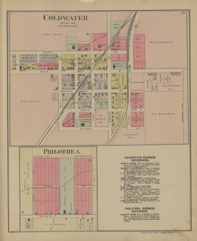 Coldwater and Philothea

The following text was found on this image:
Coldwater,Butler Township,Philothea,Mercer County,Ohio,John G. Kuhn,James E. Caldwell,L. N. Wagner,Theo. Billermann,Joseph Pleiman,D. W. Frick,John A. Stevens,K. J. McDonald,C. C. Vena,John Schelich,Barney Dues,American House,St. Lawrence Hotel,Buchanan Wind Mill Co,Coldwater Academy,L. E. & W. R. R,C. J. & M. R. R,Catholic Church,Catholic Cemetery,Parsonage,M. E. Church,School No. 5,North St,Main St,Walnut St,South St,College St,Market St,Mill St,First St,Second St,Third St,West St,Linzee St,Bremen St,Henry Lennartz,J. B. Pohl,J. F. Heckman,Jno. Kramer,F. Spottman,P. Haubert,Geo. Rosenbeck,John Brockman,Henry Hageman,B. Birkmeyer,John Ryan,Bernard Te Kamp,J. W. Bennett,Geo. Smith,Jac. Swartz,Jac. Anderson,Margt. Arbaugh,John B. Hoyng & Co,E. C. Smith,Hoyng's Subdivision,Ryan's Addition,Munsell's Addition,Riggs & Gellers Addition,Geirts Addition,Faudept's Addition,Depot,Elevator,Stock Pen,Tile Works,Sorghum Factory,"Griffing, Gordon & Co"