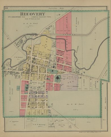 Recovery - Gibson and Recovery Townships

The following text was found on this image:
Recovery,Gibson Township,Recovery Township,Mercer County,Ohio,Ft. Recovery P.O,Wabash River,L. E. & W. R. R,Boundary St,Township Line,Old Channel,Broadway St,St. Clair St,Butler St,Wayne St,Fremont St,Center St,Milligan St,Wiggs St,Main St,Elm St,High St,Second St,First St,Wagoner St,Catholic Church,Christian Church,M. E. Church,Congregational Church,Lutheran Church,School,Cemetery,Town Hall,Elevator,Water Tank,Depot,Old Fort Recovery,Riley Bros. Wabash River Creamery,Handle Factory,Spoke Factory,Steam Saw Mill,Tannery,Most Precious Blood Society,M. B. Le Blond,Valentine Heiby,Martin Nickerson,Clark Lord & Co,J. H. W. Krenning,S. J. Rhodes,Sarah J. Porterfield,J. M. Muthert,Thos. Roop,A. Rantz,Pausch & Rantz,D. Schlamb,M. Daniel,J. Thurm,Chas. Townsend,Jos. Bassunt,Fritz Oswald,J. V. Richardson,T. McDaniel,John Hedrick,Wm. Koch,M. Stelzer,M. Bergen,Geo. Krenning,H. H. Schwartz,G. Landis,A. Landis,M. VanKirk,L. Huffman,Myrtle N. Clark,P. Augustine,Mary J. Lipps,John S. Fox,J. D. Van Kirk,Geo. R. McDaniel,Wm. Snyder,P. Wallischeck,M. Gase,Chas. L. Townsend,"Griffing, Gordon & Co"