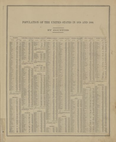 Population of the United States in 1870 and 1880 by Counties

The following text was found on this image:
ALABAMA,ARKANSAS,Nevada,Newton,Ouachita,Phillips,Pike,Poinsett,Pope,Prairie,Pulaski,Randolph,Saline,Scott,Searcy,Sebastian,Sharpe,Stone,St. Francis,Union,Van Buren,Washington,Woodruff,Yell,COLORADO,Rio Grande,Routt,San Juan,Summit,Weld,Autauga,Baker,Baldwin,Barbour,Benton,Bibb,Blount,Bullock,Butler,Calhoun,Chambers,Cherokee,Chilton,Choctaw,Clarke,Coffee,Colbert,Conecuh,Coosa,Cullman,Dale,Dallas,CONNECTICUT,Fairfield,Hartford,Litchfield,Middlesex,New Haven,New London,Tolland,Windham,GEORGIA,Colquitt,Columbia,Coweta,Crawford,Dade,Dawson,Decatur,De Kalb,Dodge,Dooly,Dougherty,Douglas,Early,Echols,Effingham,Elbert,Emanuel,Fannin,Fayette,Floyd,Forsyth,Franklin,Fulton,Cass,Clay,Coles,Cook,Ford,ILLINOIS,INDIANA,Fountain,Gibson,Grant,Greene,Hamilton,Harrison,Hendricks,Jackson,Jefferson,Jennings,Johnson,Knox,Kosciusko,La Grange,Lake,La Porte,Lawrence,IOWA,Carroll,Champaign,Clark,Clinton,Cumberland,De Witt,Edgar,Edwards,Gallatin,Grundy,KANSAS,Marion,Jones,Keokuk,Kossuth,Linn,Louisa,Madison,Mahaska,Marshall,Mills,Mitchell,Monona,Monroe,Montgomery,Muscatine,O'Brien,McPherson,Meade,Miami,Nemaha,Neosho,Ness,Norton,Osborne,Ottawa,Pottawatomie,Pratt,Rawlins,Republic,Rice,Elmore,Escambia,Etowah,Geneva,Henry,Lauderdale,Limestone,Lowndes,Macon,Marengo,Mobile,Morgan,Perry,Pickens,Russell,Sanford,Saint Clair,Shelby,Sumter,Talladega,Tallapoosa,Tuscaloosa,Walker,Wilcox,Winston,CALIFORNIA,Ashley,Baxter,Boone,Bradley,Chico,Conway,Craighead,Crittenden,Cross,Dorsey,Drew,Faulkner,Garland,Alameda,Amador,Calaveras,Contra Costa,El Dorado,Fresno,Humboldt,Kern,Klamath,Lassen,Los Angeles,Marin,Merced,Placer,Sacramento,San Benito,S. Bernardino,San Diego,San Francisco,San Mateo,Santa Barbara,Santa Clara,Santa Cruz,Shasta,Sierra,Siskiyou,Solano,Sonoma,Stanislaus,Sutter,Tehama,Trinity,Tulare,Tuolumne,Ventura,Yolo,Yuba,DELAWARE,Kent,New Castle,Sussex,FLORIDA,Alachua,Bradford,Brevard,Duval,Gadsden,Hernando,Holmes,La Fayette,Liberty,Manatee,Mosquito,Nassau,New River,Orange,Polk,Putnam,Santa Rosa,St. John's,St. Lucie,Suwannee,Volusia,Wakulla,Walton,Glascock,Glynn,Gordon,Gwinnett,Habersham,Hall,Hancock,Haralson,Harris,Laurens,Lincoln,Lumpkin,McDowell,McDuffie,McIntosh,Meriwether,Miller,Milton,Murray,Muscogee,Oconee,Oglethorpe,Paulding,Pierce,Quitman,Rabun,Richmond,Rockdale,Spalding,Stewart,Talbot,Taliaferro,Telfair,Thomas,Twiggs,Ware,Warren,Kane,Ogle,Piatt,Stark,Will,Arapahoe,Bent,Boulder,Chaffee,Banks,Bartow,Berrien,Hardin,Iroquois,Jersey,Jo Daviess,Kankakee,Kendall,La Salle,Livingston,Logan,McLean,Mason,Massac,Menard,Mercer,Peoria,Richland,St. Clair,Sangamon,Schuyler,Stephenson,Tazewell,Vermillion,Wabash,Wayne,Whitesides,Williamson,Woodford,Martin,Ohio,Owen,Parke,Porter,Ripley,Rush,St. Joseph,Spencer,Starke,Steuben,Switzerland,Tippecanoe,Tipton,Vanderburgh,Vigo,Warrick,Whitley,Osceola,Plymouth,Pocahontas,Pottawattamie,Poweshiek,Ringgold,Story,Taylor,Wapello,Webster,Winnebago,Worth,Wright,Riley,Rooks,Sedgwick,Sequoyah,Seward,Shawnee,Sheridan,Sherman,Smith,Stafford,Stanton,Stevens,Sumner,Wichita,Wilson,Woodson,Wyandotte,KENTUCKY,Adair,Adams,Allamakee,Appanoose,Black Hawk,Bremer,Buchanan,Buena Vista,Buncombe,Cedar,Cerro Gordo,Chickasaw,Clayton,Allen,Anderson,Barton,Bourbon,Breckenridge,Brown,Chase,Chautauqua,Cloud,Comanche,Cowley,Davis,Dickinson,Doniphan,Dorn,Ellis,Ellsworth,Foote,Godfrey,Gove,Graham,Greeley,Ballard,Barren,Bath,Boyd,Boyle,Bracken,Breathitt,Bullitt,Caldwell,Calloway,Campbell,Carter,Christian,Daviess,Edmondson,Elliott,Estill,Fleming,Garrard,Grayson,Green,Little River,Lonoke,Mississippi,Clear Creek,Custer,Fremont,Gilpin,Grand,Gunnison,Huerfano,La Plata,Larimer,Las Animas,Ouray,Park,Pueblo,Brooks,Bryan,Burke,Camden,Catoosa,Charlton,Chatham,Chattahoochee,Chattooga,Cobb,Whitfield,Wilkes,Wilkinson,Alexander,Bond,Bureau,Bartholomew,Blackford,Dearborn,Dubois,Elkhart,Des Moines,Dubuque,Emmett,Guthrie,Howard,Greenwood,Hodgman,Hunter,Jewell,Kearney,Kingman,Labette,Lane,Leavenworth,Lykins,Harlan,Hart,Henderson,Hickman,Jessamine,Josh Bell,Kenton,La Rue,Laurel,Leslie