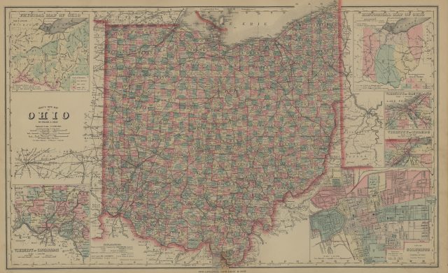 Gray's New Map of Ohio

The following text was found on this image:
Ohio,Frank A. Gray,Physical Map of Ohio,Historical Map of Ohio,Vicinity of Cleveland,Vicinity of Toledo,Vicinity of Cincinnati,City of Columbus,Capital of Ohio,G. W. Gray & Son,Philadelphia,Ohio River,Lake Erie,Indiana,Michigan,Pennsylvania,West Virginia,Kentucky,Detroit,Cleveland,Toledo,Columbus,Cincinnati,Dayton,Akron,Lima,Canton,Youngstown,Springfield,Sandusky,Mansfield,Ashtabula,Painesville,Chardon,Ravenna,Warren,New Lisbon,Alliance,Massillon,Carrollton,New Philadelphia,Steubenville,Coshocton,Millersburg,Wooster,Ashland,Norwalk,Port Clinton,Fremont,Tiffin,Bucyrus,Galion,Mt. Gilead,Marion,Upper Sandusky,Findlay,Fostoria,Bowling Green,Ottawa,Napoleon,Wauseon,Bryan,Defiance,Paulding,Van Wert,Celina,Wapakoneta,Bellefontaine,Kenton,Delaware,Marysville,Urbana,Sidney,Troy,Piqua,Greenville,Eaton,London,Xenia,Lebanon,Hamilton,Batavia,Georgetown,Wilmington,Washington,Hillsboro,Chillicothe,Circleville,Lancaster,Newark,Zanesville,New Lexington,McConnelsville,Marietta,Woodsfield,Caldwell,Cambridge,Cadiz,St. Clairsville,Athens,Logan,McArthur,Jackson,Waverly,West Union,Portsmouth,Ironton,Gallipolis,Pomeroy,Adams,Allen,Auglaize,Belmont,Brown,Butler,Carroll,Champaign,Clark,Clermont,Clinton,Columbiana,Crawford,Cuyahoga,Darke,Erie,Fairfield,Fayette,Franklin,Fulton,Gallia,Geauga,Greene,Guernsey,Hancock,Hardin,Harrison,Henry,Highland,Hocking,Holmes,Huron,Jefferson,Knox,Lake,Lawrence,Licking,Lorain,Lucas,Madison,Mahoning,Medina,Meigs,Mercer,Miami,Monroe,Montgomery,Morgan,Morrow,Muskingum,Noble,Perry,Pickaway,Pike,Portage,Preble,Putnam,Richland,Ross,Scioto,Seneca,Shelby,Stark,Summit,Trumbull,Tuscarawas,Union,Vinton,Wayne,Williams,Wood,Wyandot,Delawares,Wyandots,Shawnees,Miamis,Ottawas,Hurons,Iroquois,Eries,Fort Washington,Fort Recovery,Fort Wayne,Fort Meigs,Fort Miami,Great Miami River,Little Miami River,Maumee River,Scioto River,Muskingum River,Cuyahoga River,Hocking River