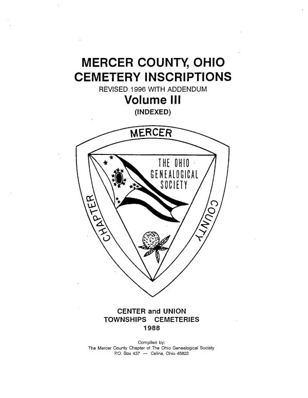 Mercer County, Ohio Cemetery Inscriptions Volume III Cover