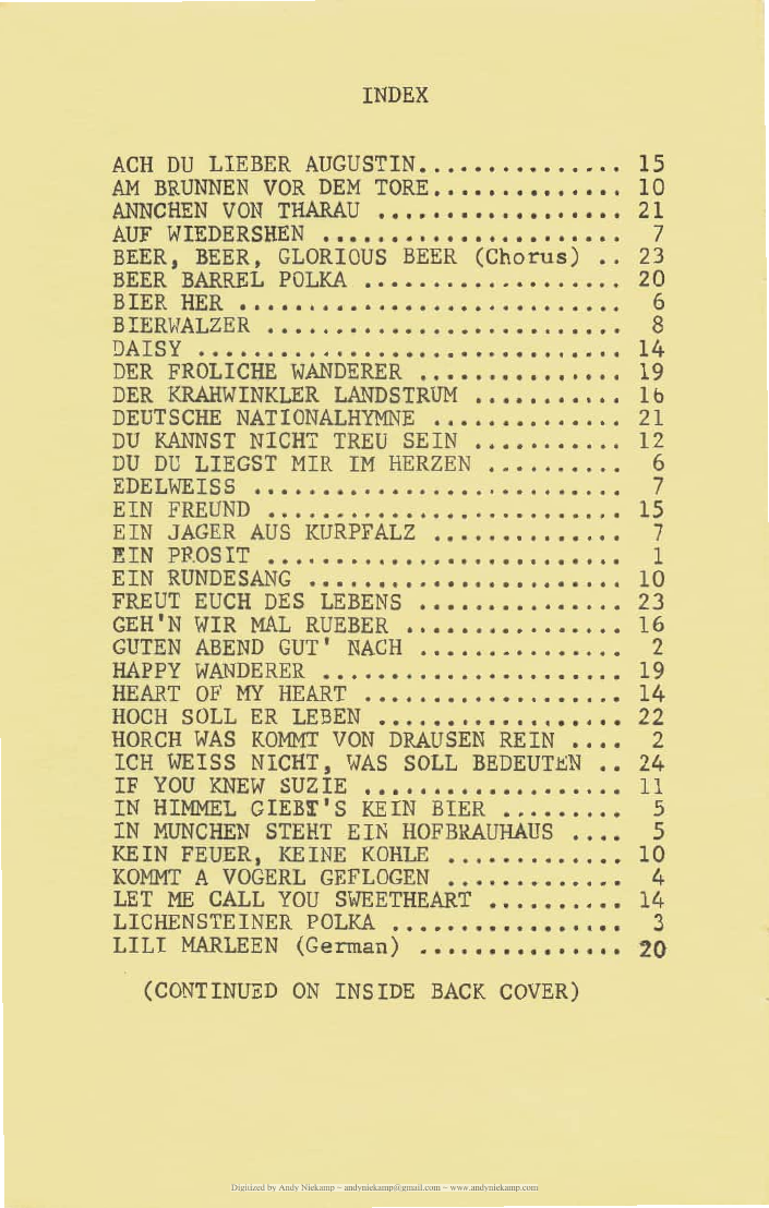 Index page of the song book