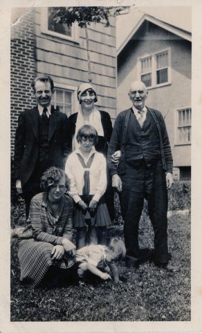 Standing L R: Leonard Kleinhenz, Helen (Kleinhenz) Russell, Frank Russell (Helen's father). Standing Middle: Francis Kohl. Bottom L-R: Winnie (Russell) Kohl, David Kohl. At 112 West Stafford Avenue, Worthington, Ohio. Source: Connie Dineen Weber
