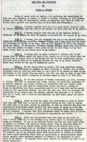 Last will and testament of Alois J. Willke. April 25, 1933. John died on January 27, 1941. Alois is the father of my maternal grandfather, Edgar Willke.