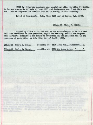 Last will and testament of Alois J. Willke. April 25, 1933. John died on January 27, 1941. Alois is the father of my maternal grandfather, Edgar Willke.