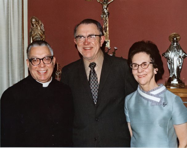 Father Vincent Parr, C.PP.S., Edgar J. Willke, Alfrida (Kleinhenz) Willke at Edgar and Alfrida's 40th Wedding Anniversary in 1971 in Maria Stein, Ohio.