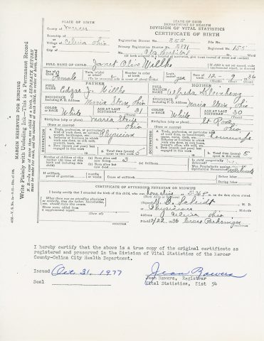 Janet Olive Willke birth certificate. December 9, 1936. Janet is also known as Janet Willke Niekamp Bolton.