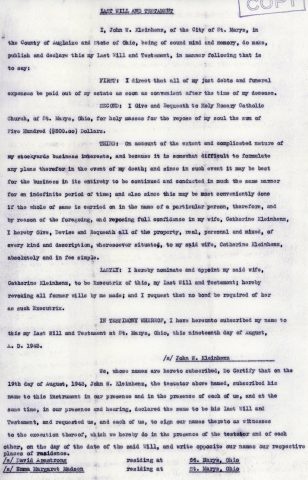 Last will and testament of John W. Kleinhenz. Dated: August 14, 1943. John died on December 27, 1944.