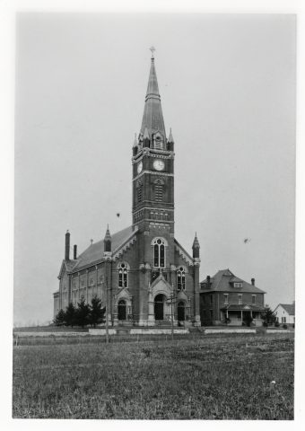 St. John Catholic Church, Maria Stein, Ohio. Circa 1915. The completion date is under debate. Some sources say it was completed in 1888. The church was dedicated in 1891. Parish-history information gives 1888–1894 as the overall construction period, indicating that work on the church continued after the dedication. This is the third church in Maria Stein. The first one was completed in 1836. The second one was completed in 1849. The church was destroyed by a fire and declared a total loss during renovations in 2025.