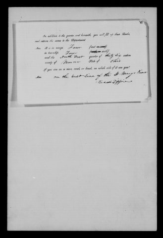 Original filename: M1126-460-0357.jpg
Image filename: M1126-460-0357-Unidentified-Office.jpg
Post office / subject: Unidentified Office

Readable information (selective summary):
Supplemental location answers: range four east, township four south, northwest quarter of section thirty-six, Mercer County, Ohio; east side of St. Marys River. Signature appears Michael Tipper (uncertain). Office name absent on this page.

Reading notes: This is a visual reading and selective summary, not a full transcription. Unclear readings are marked uncertain, tentative, faint, or with a question mark. Office names on blank reverse sides may be identified from adjoining records as stated above.