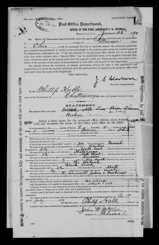 Original filename: M1126-460-0362.jpg
Image filename: M1126-460-0362-Brehm.jpg
Post office / subject: Brehm

Readable information (selective summary):
Application dated June 26, 1890; statement July 7, 1890. Proposed postmaster Philip Kable. Several earlier proposed names crossed out; Brehm remains below them. Section 9, township 5 south, range 1 east, Mercer County. Special office supplied from Tama[h]; nearby Hinton, Chattanooga and Scudder. Wabash River and Black Creek; population served about 300; no village.

Reading notes: This is a visual reading and selective summary, not a full transcription. Unclear readings are marked uncertain, tentative, faint, or with a question mark. Office names on blank reverse sides may be identified from adjoining records as stated above.