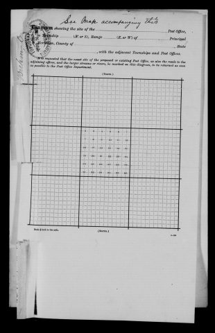 Original filename: M1126-460-0363.jpg
Image filename: M1126-460-0363-Brehm.jpg
Post office / subject: Brehm

Readable information (selective summary):
Reverse diagram form endorsed Brehm, O. Handwritten instruction: See Map accompanying this. Grid otherwise unfilled. Association also supported by adjacent application 0362.

Reading notes: This is a visual reading and selective summary, not a full transcription. Unclear readings are marked uncertain, tentative, faint, or with a question mark. Office names on blank reverse sides may be identified from adjoining records as stated above.