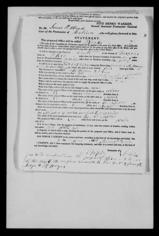 Original filename: M1126-460-0375.jpg
Image filename: M1126-460-0375-Bactia.jpg
Post office / subject: Bactia

Readable information (selective summary):
Proposed office name appears Bactia (uncertain spelling; verify image). Statement June 3, 1850. Applicant Jonas P. Wood; care of Celina postmaster. Center Township, Mercer County, Ohio. Nearby Celina, Mercer, Neptune and Mendon; St. Marys River six miles away.

Reading notes: This is a visual reading and selective summary, not a full transcription. Unclear readings are marked uncertain, tentative, faint, or with a question mark. Office names on blank reverse sides may be identified from adjoining records as stated above.