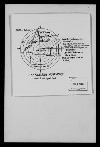 Original filename: M1126-460-0380.jpg
Image filename: M1126-460-0380-Carthagena.jpg
Post office / subject: Carthagena

Readable information (selective summary):
Circular map labeled CARTHAGENA POST OFFICE; received September 27, 1939. Shows Coldwater, Montezuma, Chickasaw, St. Henry, Maria Stein, Lake St. Mary, Darke and Auglaize county boundaries; roads U.S. 127 and Ohio 219, 274, 716, 119.

Reading notes: This is a visual reading and selective summary, not a full transcription. Unclear readings are marked uncertain, tentative, faint, or with a question mark. Office names on blank reverse sides may be identified from adjoining records as stated above.