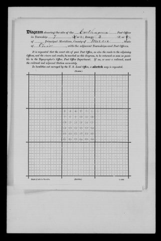 Original filename: M1126-460-0382.jpg
Image filename: M1126-460-0382-Carthagena.jpg
Post office / subject: Carthagena

Readable information (selective summary):
Diagram heading names Carthagena, township 7, range 3, Mercer County, Ohio. Grid blank; no location sketch entered.

Reading notes: This is a visual reading and selective summary, not a full transcription. Unclear readings are marked uncertain, tentative, faint, or with a question mark. Office names on blank reverse sides may be identified from adjoining records as stated above.