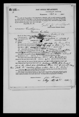 Original filename: M1126-460-0383.jpg
Image filename: M1126-460-0383-Carthagena.jpg
Post office / subject: Carthagena

Readable information (selective summary):
Form issued February 16, 1865, with heavily corrected entries and ink stain. Office Carthagena/Carthagina, Mercer County, Marion Township, section 18, range 3 east. Big Beaver River, Grassy Brook; nearby Montezuma, Coldwater, Chickasaw, St. Henry, Cranberry Prairie. Signed John Schlasser (surname tentative). Completion date partly overwritten/uncertain.

Reading notes: This is a visual reading and selective summary, not a full transcription. Unclear readings are marked uncertain, tentative, faint, or with a question mark. Office names on blank reverse sides may be identified from adjoining records as stated above.