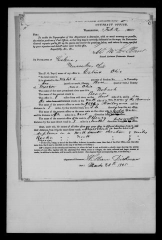Original filename: M1126-460-0396.jpg
Image filename: M1126-460-0396-Celina.jpg
Post office / subject: Celina

Readable information (selective summary):
March 30, 1865 report, William Dickman (surname reading tentative). Celina, Mercer County, township six, range three. Wabash River eight miles west; Beaver creek one mile south. Nearby entries include Montezuma, Coldwater, St. Henry, Steels Cross Roads, Neptune, Bactia and Mercer; several corrected.

Reading notes: This is a visual reading and selective summary, not a full transcription. Unclear readings are marked uncertain, tentative, faint, or with a question mark. Office names on blank reverse sides may be identified from adjoining records as stated above.