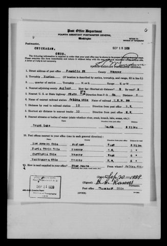 Original filename: M1126-460-0407.jpg
Image filename: M1126-460-0407-Chickasaw.jpg
Post office / subject: Chickasaw

Readable information (selective summary):
September 20, 1939 report, B. H. R[a]wers (surname uncertain). Franklin Street, Marion Township, Mercer County. State roads 274/716; Grand Lake six miles north; Celina N.K.P. station 12 miles northwest. New Bremen six east, Maria Stein three southeast, Carthagena five west, Montezuma six northwest. Star route from Celina.

Reading notes: This is a visual reading and selective summary, not a full transcription. Unclear readings are marked uncertain, tentative, faint, or with a question mark. Office names on blank reverse sides may be identified from adjoining records as stated above.