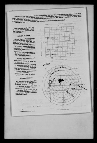 Original filename: M1126-460-0408.jpg
Image filename: M1126-460-0408-Chickasaw.jpg
Post office / subject: Chickasaw

Readable information (selective summary):
Supporting circular road sketch for Chickasaw; center blot partly obscures office. Labels Celina, Grand Lake, Montezuma, Carthagena, New Bremen, Maria Stein; U.S. 127, Ohio 274, 119 and 716.

Reading notes: This is a visual reading and selective summary, not a full transcription. Unclear readings are marked uncertain, tentative, faint, or with a question mark. Office names on blank reverse sides may be identified from adjoining records as stated above.