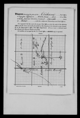Original filename: M1126-460-0410.jpg
Image filename: M1126-460-0410-Chickasaw.jpg
Post office / subject: Chickasaw

Readable information (selective summary):
Marion Township, range three, Mercer County site diagram. Shows Chickasaw, Sebastian, Carthagena, Maria Stein, New Bremen, Chickasaw Creek, railroads and county boundaries.

Reading notes: This is a visual reading and selective summary, not a full transcription. Unclear readings are marked uncertain, tentative, faint, or with a question mark. Office names on blank reverse sides may be identified from adjoining records as stated above.