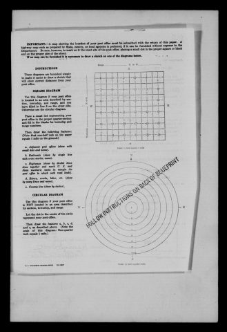 Original filename: M1126-460-0415.jpg
Image filename: M1126-460-0415-Coldwater.jpg
Post office / subject: Coldwater

Readable information (selective summary):
Reverse of Coldwater 1941 location form. Blank diagrams and instruction stamp FOLLOW INSTRUCTIONS ON BACK OF BLUEPRINT. Office association from adjoining form.

Reading notes: This is a visual reading and selective summary, not a full transcription. Unclear readings are marked uncertain, tentative, faint, or with a question mark. Office names on blank reverse sides may be identified from adjoining records as stated above.