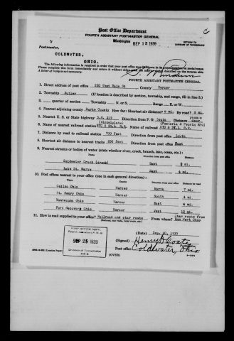 Original filename: M1126-460-0418.jpg
Image filename: M1126-460-0418-Coldwater.jpg
Post office / subject: Coldwater

Readable information (selective summary):
September 20, 1939 report. 220 West Main Street, Butler Township. S.R. 219 passes door; Nickel Plate/NYC & St. L. station 700 ft south; nearest tracks 200 ft east. Coldwater Creek half mile east, Lake St. Marys four east. Nearby Celina, St. Henry, Montezuma, Fort Recovery. Railroad and star route from Van Wert.

Reading notes: This is a visual reading and selective summary, not a full transcription. Unclear readings are marked uncertain, tentative, faint, or with a question mark. Office names on blank reverse sides may be identified from adjoining records as stated above.