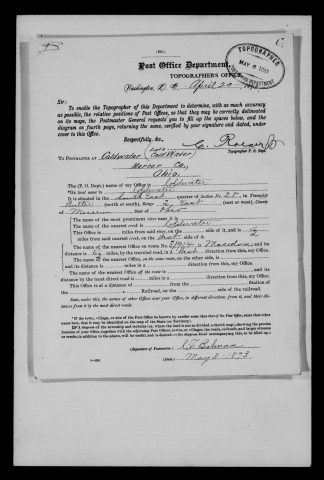Original filename: M1126-460-0420.jpg
Image filename: M1126-460-0420-Coldwater.jpg
Post office / subject: Coldwater

Readable information (selective summary):
May 3, 1893 report. Southeast quarter section 28, Butler Township, range two east, Mercer County. Name Coldwater; annotation late Cold Water. Coldwater Creek half mile east. Route 31914; Macedon 6.5 miles west. Signed C. F. [surname uncertain].

Reading notes: This is a visual reading and selective summary, not a full transcription. Unclear readings are marked uncertain, tentative, faint, or with a question mark. Office names on blank reverse sides may be identified from adjoining records as stated above.