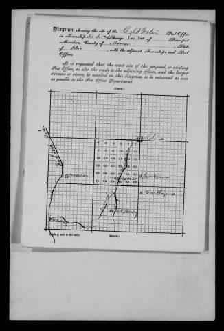 Original filename: M1126-460-0423.jpg
Image filename: M1126-460-0423-Cold-Water.jpg
Post office / subject: Cold Water

Readable information (selective summary):
Site diagram Cold Water, township six south, range two east, Mercer County. Marks Celina, Cold Water, Montezuma, Macedon, Carthagena, St. Henry, Ft. Recovery, Wabash River and Cold Water creek.

Reading notes: This is a visual reading and selective summary, not a full transcription. Unclear readings are marked uncertain, tentative, faint, or with a question mark. Office names on blank reverse sides may be identified from adjoining records as stated above.