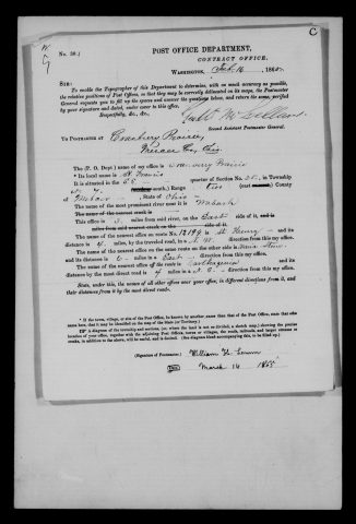 Original filename: M1126-460-0426.jpg
Image filename: M1126-460-0426-Cranberry-Prairie-Saint-Francis.jpg
Post office / subject: Cranberry Prairie Saint Francis

Readable information (selective summary):
March 16, 1865 report, William H. Lemmon (surname tentative). Official name Cranberry Prairie; local name St. Francis. Southeast quarter section 25, range two east, Mercer County. Wabash River three miles west. St. Henry four miles northwest; Maria Stein six east; Carthagena four northeast.

Reading notes: This is a visual reading and selective summary, not a full transcription. Unclear readings are marked uncertain, tentative, faint, or with a question mark. Office names on blank reverse sides may be identified from adjoining records as stated above.