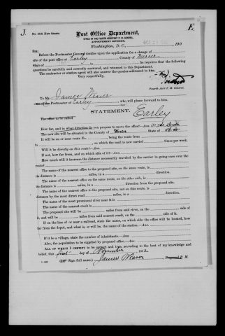 Original filename: M1126-460-0430.jpg
Image filename: M1126-460-0430-Earley.jpg
Post office / subject: Earley

Readable information (selective summary):
Change-of-site report November 1, 1902, James Weaver. Earley, Mercer County, Ohio. Move 150 yards south. Most remaining answers blank.

Reading notes: This is a visual reading and selective summary, not a full transcription. Unclear readings are marked uncertain, tentative, faint, or with a question mark. Office names on blank reverse sides may be identified from adjoining records as stated above.