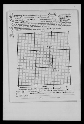 Original filename: M1126-460-0431.jpg
Image filename: M1126-460-0431-Earley.jpg
Post office / subject: Earley

Readable information (selective summary):
Supporting relocation diagram Earley, township five, range two east, Mercer County. Present northwest quarter section 13; proposed northeast quarter section 14, 150 yards southwest (direction differs slightly from front). Mercer and Celina marked.

Reading notes: This is a visual reading and selective summary, not a full transcription. Unclear readings are marked uncertain, tentative, faint, or with a question mark. Office names on blank reverse sides may be identified from adjoining records as stated above.