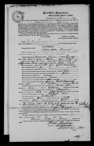 Original filename: M1126-460-0436.jpg
Image filename: M1126-460-0436-Ferner.jpg
Post office / subject: Ferner

Readable information (selective summary):
New-office application January 10, 1881; statement January 24, George W. Ferner. Earlier name crossed out; Ferner retained. Southeast quarter section eleven, Recovery Township, range one east. Route 21020 Fremont Ohio–Muncie Indiana, Lake Erie & Western railroad. Ft. Recovery five miles west, Coldwater six east, Macedon six northwest. No village; population served 500.

Reading notes: This is a visual reading and selective summary, not a full transcription. Unclear readings are marked uncertain, tentative, faint, or with a question mark. Office names on blank reverse sides may be identified from adjoining records as stated above.