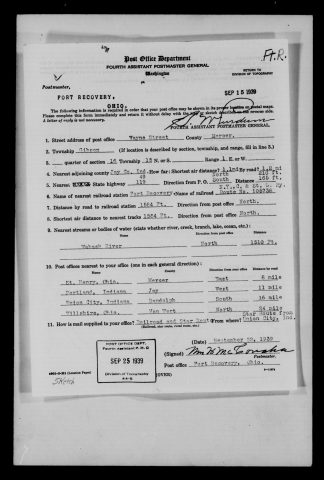 Original filename: M1126-460-0438.jpg
Image filename: M1126-460-0438-Fort-Recovery.jpg
Post office / subject: Fort Recovery

Readable information (selective summary):
September 22, 1939 report, Wm. H. McC[onaha] (surname uncertain). Wayne Street, Gibson Township, section 16, township 15, range one. Jay County Indiana 1.1 miles away. Roads 49 and 119; NYC & St. L. station 1,584 ft north; Wabash River 1,510 ft north. St. Henry, Portland, Union City and Willshire nearby.

Reading notes: This is a visual reading and selective summary, not a full transcription. Unclear readings are marked uncertain, tentative, faint, or with a question mark. Office names on blank reverse sides may be identified from adjoining records as stated above.