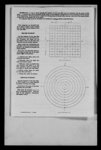 Original filename: M1126-460-0439.jpg
Image filename: M1126-460-0439-Fort-Recovery.jpg
Post office / subject: Fort Recovery

Readable information (selective summary):
Reverse blank square and circular diagram forms; range one entered. Office association from accompanying Fort Recovery 1939 report and map.

Reading notes: This is a visual reading and selective summary, not a full transcription. Unclear readings are marked uncertain, tentative, faint, or with a question mark. Office names on blank reverse sides may be identified from adjoining records as stated above.