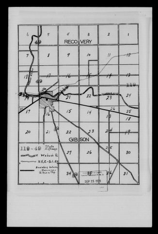 Original filename: M1126-460-0440.jpg
Image filename: M1126-460-0440-Fort-Recovery.jpg
Post office / subject: Fort Recovery

Readable information (selective summary):
Supporting map received September 25, 1939. Fort Recovery shaded around Wabash River, Gibson–Recovery township boundary, state highways 49/119, and N.Y.C. & St. L. railroad. Section numbers shown.

Reading notes: This is a visual reading and selective summary, not a full transcription. Unclear readings are marked uncertain, tentative, faint, or with a question mark. Office names on blank reverse sides may be identified from adjoining records as stated above.