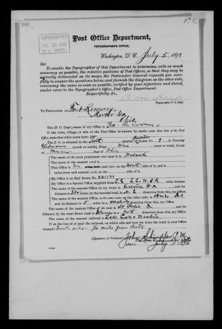 Original filename: M1126-460-0441.jpg
Image filename: M1126-460-0441-Fort-Recovery.jpg
Post office / subject: Fort Recovery

Readable information (selective summary):
July 11, 1898 report. Fractional section nine, Gibson Township, range one, Mercer County. On south side of Wabash River. Lake Erie & Western railroad quarter mile north. Nearby Ferner, Boyd Indiana and St. Peter. Signed John Schindler, P.M., with assistant notation (name partly unclear).

Reading notes: This is a visual reading and selective summary, not a full transcription. Unclear readings are marked uncertain, tentative, faint, or with a question mark. Office names on blank reverse sides may be identified from adjoining records as stated above.