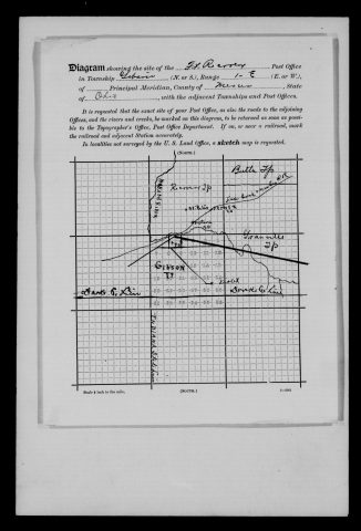 Original filename: M1126-460-0442.jpg
Image filename: M1126-460-0442-Fort-Recovery.jpg
Post office / subject: Fort Recovery

Readable information (selective summary):
Gibson Township, range one east site diagram. Marks Fort Recovery, St. Peter, Ferner, Wabash River, Lake Erie & Western railroad, Darke and Indiana boundaries.

Reading notes: This is a visual reading and selective summary, not a full transcription. Unclear readings are marked uncertain, tentative, faint, or with a question mark. Office names on blank reverse sides may be identified from adjoining records as stated above.