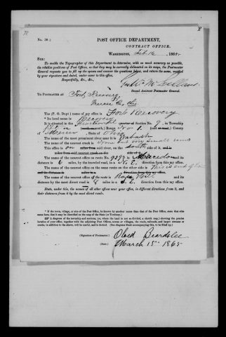 Original filename: M1126-460-0443.jpg
Image filename: M1126-460-0443-Fort-Recovery.jpg
Post office / subject: Fort Recovery

Readable information (selective summary):
March 15, 1865 report, Obed Beardslee. Official Fort Recovery; local Recovery. Fractional section nine, township fifteen, range one. On south side of Wabash River; no notable creek. Route ends here; Macedon six miles northeast, Rose Hill eight southeast.

Reading notes: This is a visual reading and selective summary, not a full transcription. Unclear readings are marked uncertain, tentative, faint, or with a question mark. Office names on blank reverse sides may be identified from adjoining records as stated above.