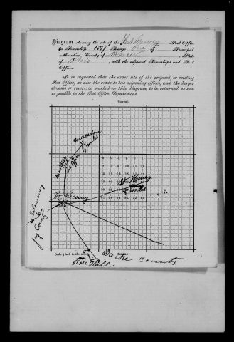 Original filename: M1126-460-0445.jpg
Image filename: M1126-460-0445-Fort-Recovery.jpg
Post office / subject: Fort Recovery

Readable information (selective summary):
Site diagram township fifteen, range one, Mercer County. Fort Recovery on Indiana/Jay County line; Macedon six miles northeast, St. Henry six miles east, Rose Hill eight miles southeast; Darke County south.

Reading notes: This is a visual reading and selective summary, not a full transcription. Unclear readings are marked uncertain, tentative, faint, or with a question mark. Office names on blank reverse sides may be identified from adjoining records as stated above.