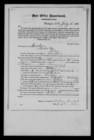 Original filename: M1126-460-0457.jpg
Image filename: M1126-460-0457-Macedon.jpg
Post office / subject: Macedon

Readable information (selective summary):
July 30, 1898 report, William Wendel. Northeast corner of southeast quarter section 33, township six, range one, Mercer County. Wabash River quarter mile west; Forty creek quarter mile south. Route 31964; Coldwater supply 6.25 miles. Padua 3.75 miles W.N.W.; Erastus 4.25 E.S.E. Lake Erie & Western railroad.

Reading notes: This is a visual reading and selective summary, not a full transcription. Unclear readings are marked uncertain, tentative, faint, or with a question mark. Office names on blank reverse sides may be identified from adjoining records as stated above.
