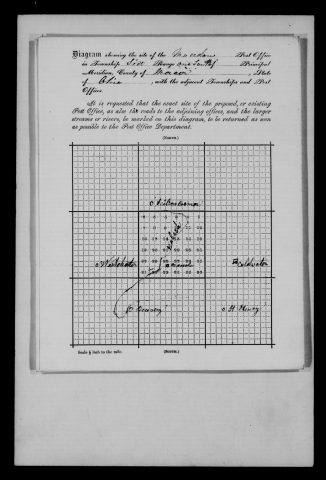 Original filename: M1126-460-0459.jpg
Image filename: M1126-460-0459-Macedon.jpg
Post office / subject: Macedon

Readable information (selective summary):
Site diagram Macedon, township six, range one, Mercer County. Wabash River; Fort Recovery, Coldwater, St. Henry and Indiana offices including Westchester/Winchester (label uncertain).

Reading notes: This is a visual reading and selective summary, not a full transcription. Unclear readings are marked uncertain, tentative, faint, or with a question mark. Office names on blank reverse sides may be identified from adjoining records as stated above.