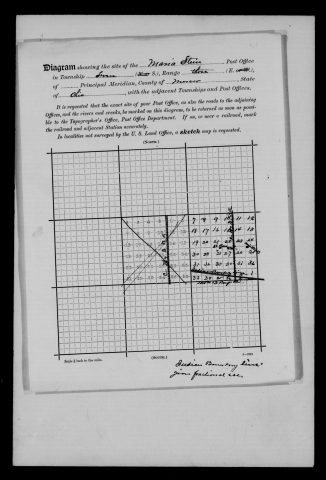 Original filename: M1126-460-0463.jpg
Image filename: M1126-460-0463-Maria-Stein.jpg
Post office / subject: Maria Stein

Readable information (selective summary):
Site diagram township seven, range three, Mercer County. Maria Stein and St. Johns marked with railroad, roads and section numbers. Note: Indian Boundary line gives fractional sections.

Reading notes: This is a visual reading and selective summary, not a full transcription. Unclear readings are marked uncertain, tentative, faint, or with a question mark. Office names on blank reverse sides may be identified from adjoining records as stated above.