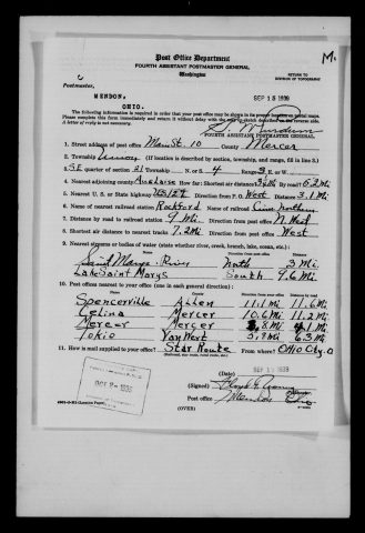 Original filename: M1126-460-0466.jpg
Image filename: M1126-460-0466-Mendon.jpg
Post office / subject: Mendon

Readable information (selective summary):
September 19, 1939 report, Floyd G. [surname uncertain]. Main Street 10, Union Township, southeast quarter section 21, township four, range three. Rockford Cincinnati Northern station nine miles northwest; U.S. 127 3.1 miles west. St. Marys River .3 mile north; Lake St. Marys 9.6 miles south. Nearby Spencerville, Celina, Mercer, Tokio. Star route from Ohio City.

Reading notes: This is a visual reading and selective summary, not a full transcription. Unclear readings are marked uncertain, tentative, faint, or with a question mark. Office names on blank reverse sides may be identified from adjoining records as stated above.