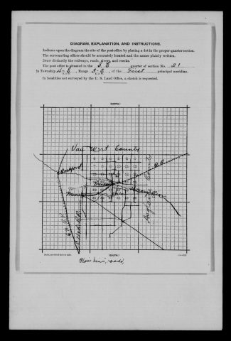 Original filename: M1126-460-0468.jpg
Image filename: M1126-460-0468-Mendon.jpg
Post office / subject: Mendon

Readable information (selective summary):
Supporting diagram section 21, township four south, range three east. Mendon, Mercer, Rockford, St. Marys River, Eight Mile Creek, railroad and Van Wert/Auglaize county boundaries.

Reading notes: This is a visual reading and selective summary, not a full transcription. Unclear readings are marked uncertain, tentative, faint, or with a question mark. Office names on blank reverse sides may be identified from adjoining records as stated above.