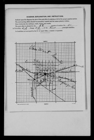 Original filename: M1126-460-0470.jpg
Image filename: M1126-460-0470-Mendon.jpg
Post office / subject: Mendon

Readable information (selective summary):
Supporting road/rail diagram, section 21, township four south, range three east. Mendon, Mercer, Rockford, Spencerville, St. Marys River, Eight Mile Creek; Van Wert/Auglaize boundaries.

Reading notes: This is a visual reading and selective summary, not a full transcription. Unclear readings are marked uncertain, tentative, faint, or with a question mark. Office names on blank reverse sides may be identified from adjoining records as stated above.