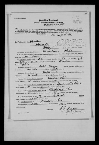 Original filename: M1126-460-0471.jpg
Image filename: M1126-460-0471-Mendon.jpg
Post office / subject: Mendon

Readable information (selective summary):
Relocation report July 30, 1915, S. F. Davis. Southeast quarter section 21, township four south, range three east. St. Marys River forty rods north; Twelve Mile Creek half mile east. Mercer four west, Spencerville eleven east, Rockford eight west. C.H. & D. railroad 628 ft south.

Reading notes: This is a visual reading and selective summary, not a full transcription. Unclear readings are marked uncertain, tentative, faint, or with a question mark. Office names on blank reverse sides may be identified from adjoining records as stated above.
