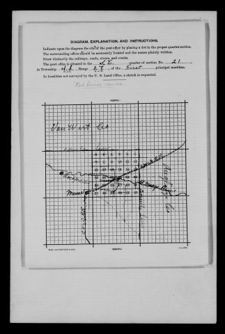 Original filename: M1126-460-0472.jpg
Image filename: M1126-460-0472-Mendon.jpg
Post office / subject: Mendon

Readable information (selective summary):
Supporting Mendon diagram: section 21, township four south, range three east. Rockford, Mercer, St. Marys River, railroad and county boundaries. Note says red lines roads; microfilm is monochrome.

Reading notes: This is a visual reading and selective summary, not a full transcription. Unclear readings are marked uncertain, tentative, faint, or with a question mark. Office names on blank reverse sides may be identified from adjoining records as stated above.